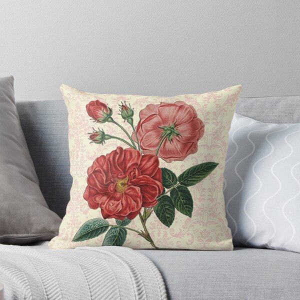 Artikelvorschau, Rosen-Kunst-Weinlese-Rosa u. Rote Rosen-Entwurf auf erröten Rosa, Sahnedamast-Muster entworfen und verkauft von Cute & Sassy Custom Gifting Boutiques.