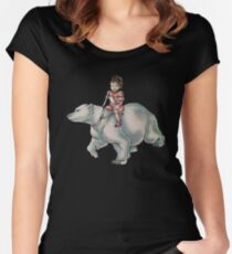 Cartoon Girl Child Riding Polar Bear Drawing Women's Fitted Scoop T-Shirt
