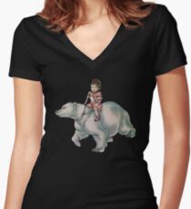 Cartoon Girl Child Riding Polar Bear Drawing Women's Fitted V-Neck T-Shirt