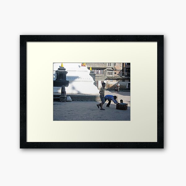 Urban sprawl,a stupa and milk-crate racing, Nepal Framed Art Print