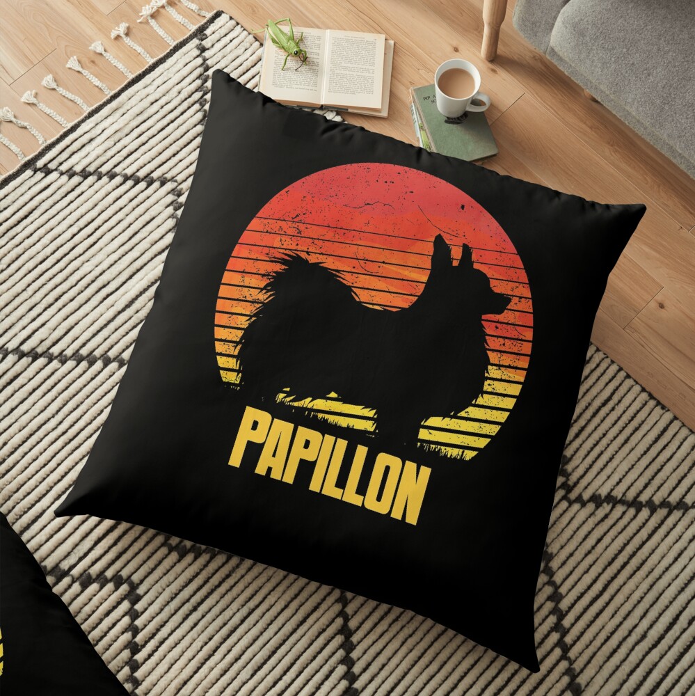 Sunset Papillon - Cool Sunshine Dog Silhouette Of A Papillon Floor Pillow