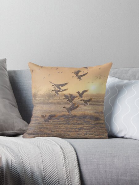 "First In", Pink-footed Geese at Dawn Throw Pillow