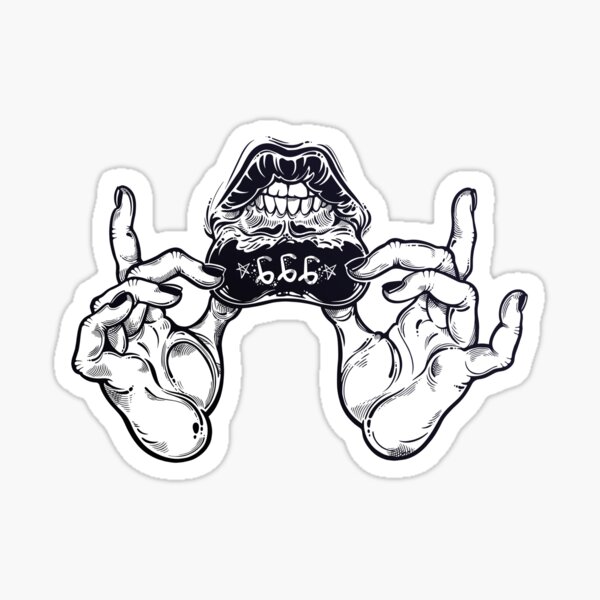 Human hands showing hidden lip tattoo. Satanic Antichrist number 666, mystic lips and mouth with teeth. Sticker