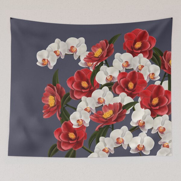 Item preview, Large camellia and orchid bouquet on grey designed and sold by patternsbymira.