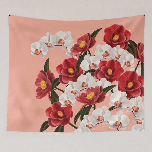 Item preview, Large camellia and orchid bouquet on pink designed and sold by patternsbymira.