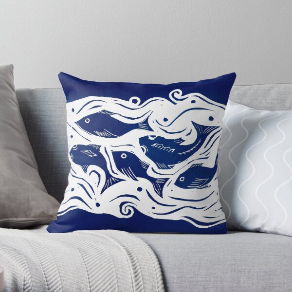 Fish linocut Throw Pillow