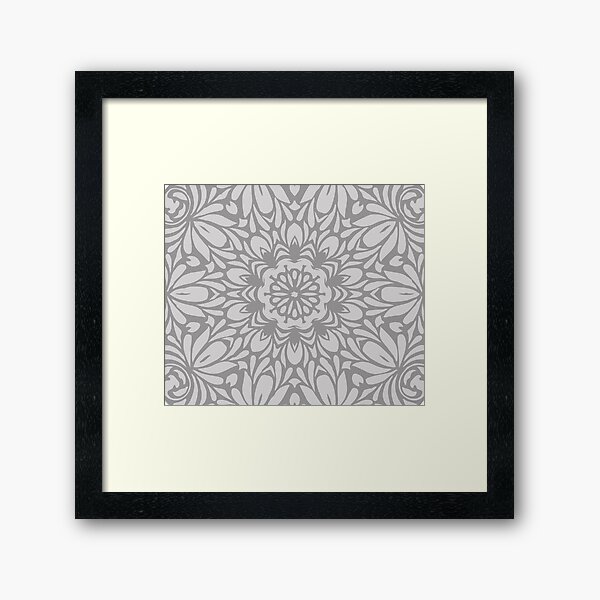 Grey Abstract Leafy Floral Mandala Framed Art Print