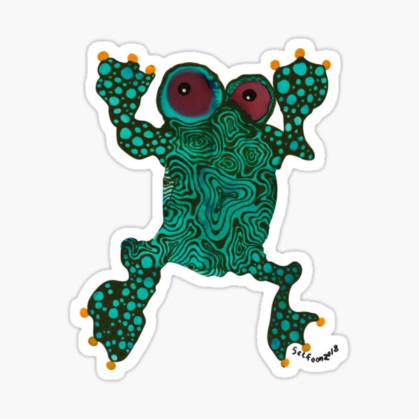 Green Frog jumping around earth surveying contour painting from alcohol ink Sticker