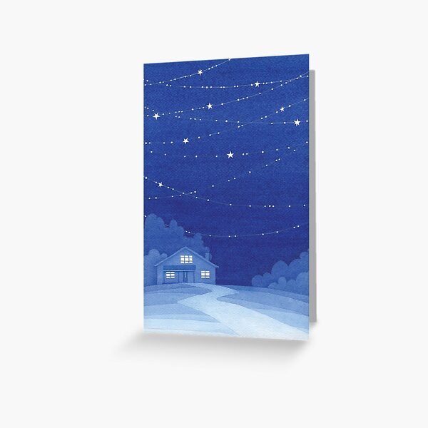 house with stars, blue watecolor Greeting Card