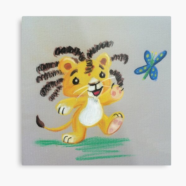 Lion Cub catches Butterfly Metal Print