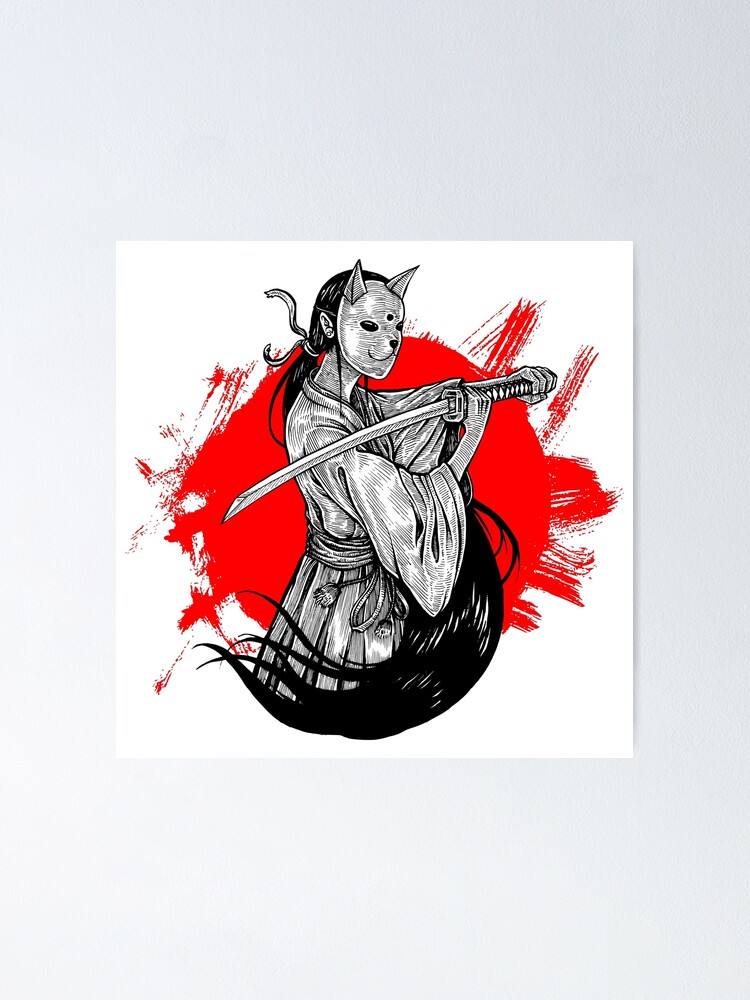 Fox Mask Samurai Girl Illustration On Red Background Poster By Kanae19 Redbubble