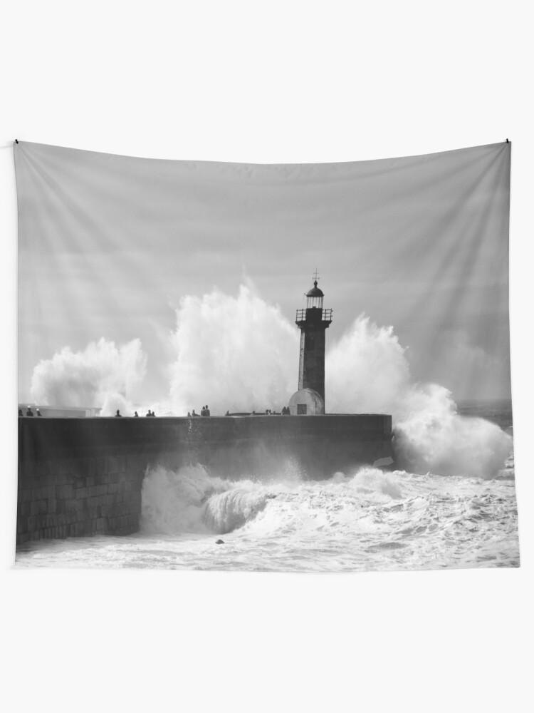 Alternate view of Lighthouse in stormy ocean Tapestry