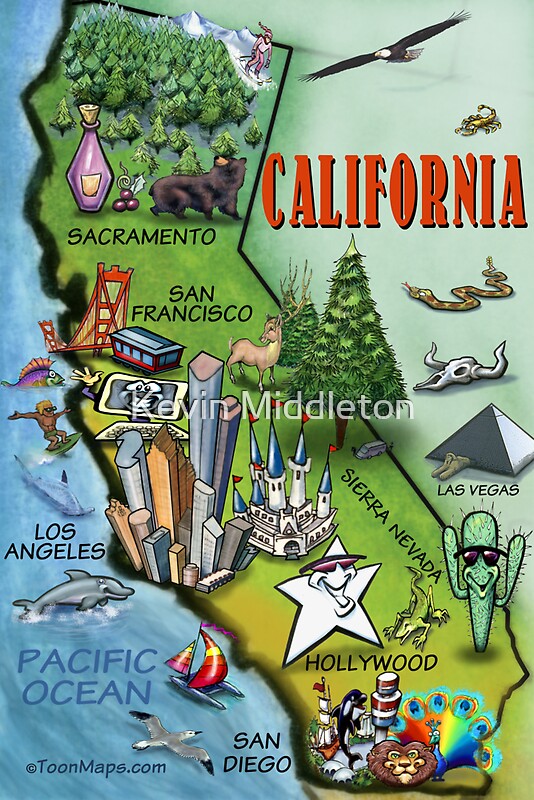 "California Cartoon Map" by Kevin Middleton | Redbubble