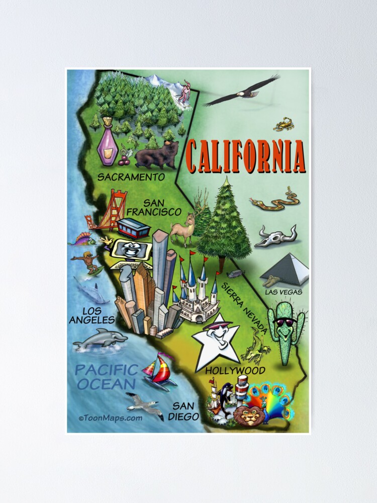 California Cartoon Map Poster For Sale By Kevinmiddleton Redbubble