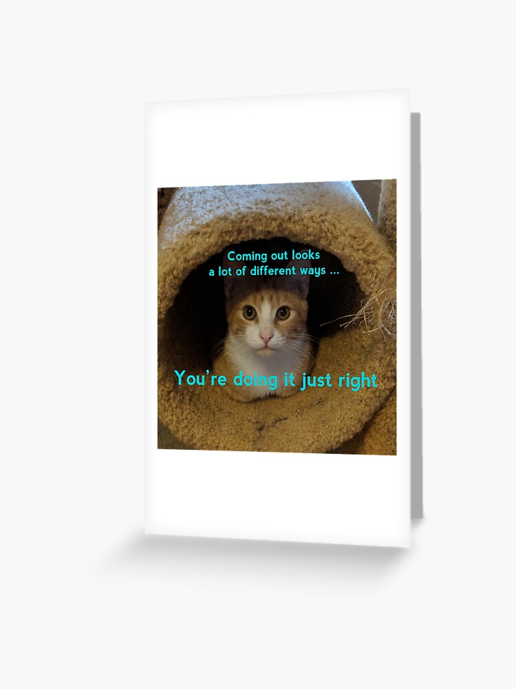 Thumbnail 1 of 2, Greeting Card, Coming Out Kitty says ... (turquoise text) designed and sold by ThinkAgainTC.