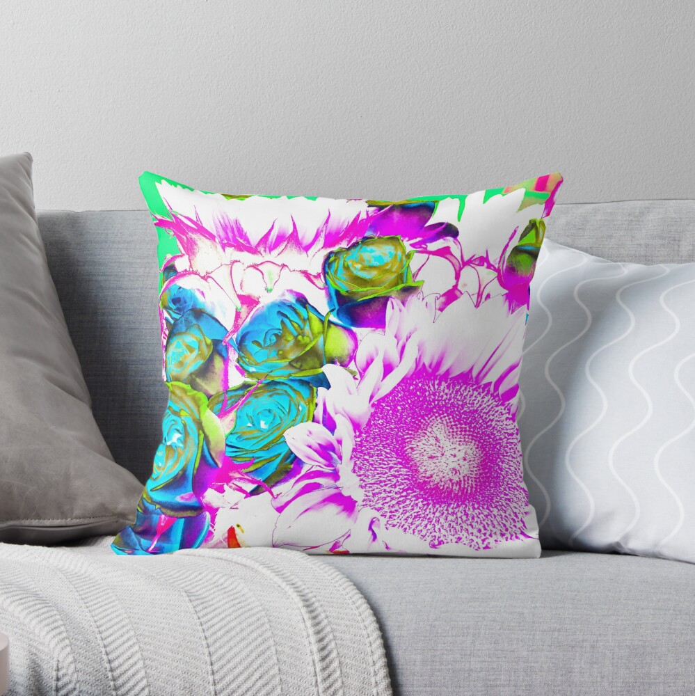 Flower Lovers Gift - Neon Bouquet Design Throw Pillow