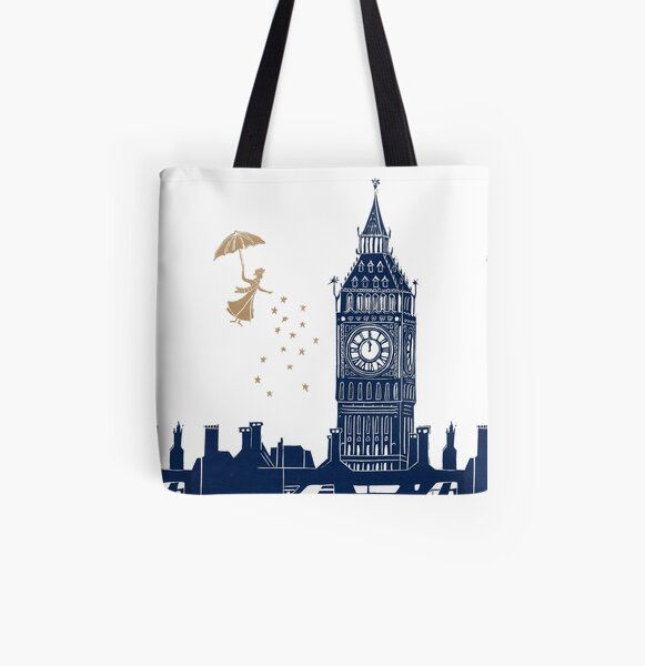 Mary Poppins and Big Ben linocut All Over Print Tote Bag