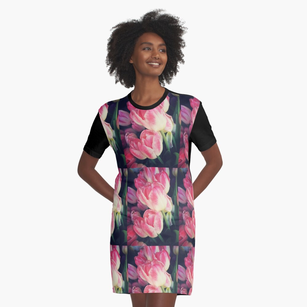 Tulip Lovers - Dramatic Pink Tulips Art Photography Graphic T-Shirt Dress