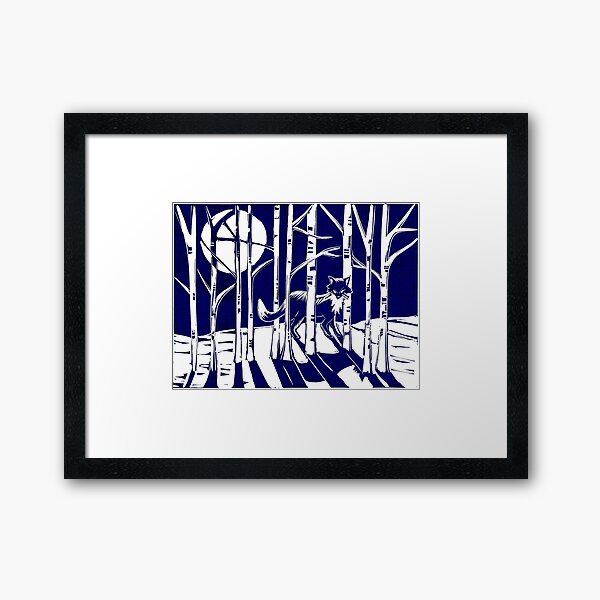 Fox in the Moonlight Linocut Framed Art Print