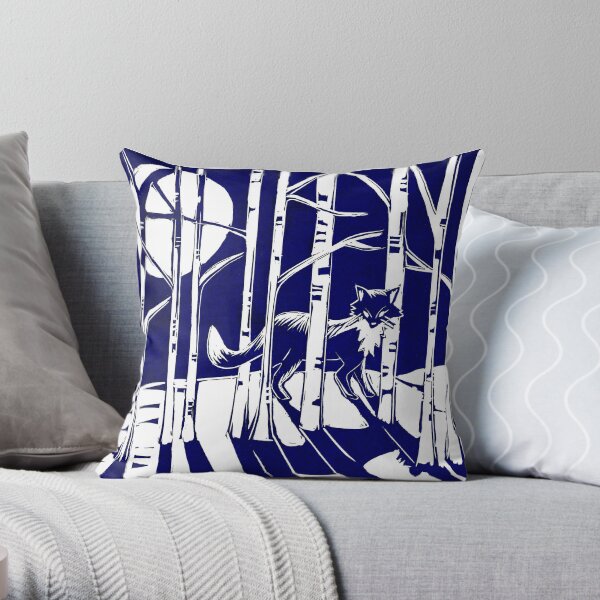 Fox in the moonlight Linocut Throw Pillow