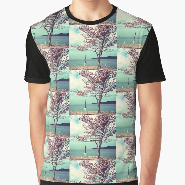 Blooms by the Sea - Panama Landscape - Pink Guayacan Tree Graphic T-Shirt