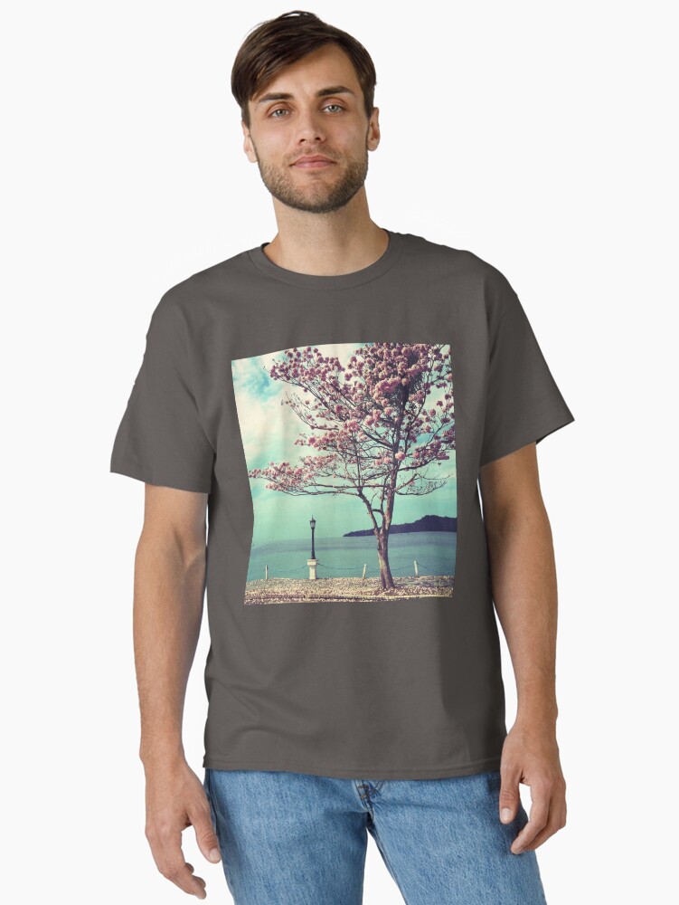 Thumbnail 2 of 7, Classic T-Shirt, Blooms by the Sea - Panama Landscape - Pink Guayacan Tree designed and sold by OneDayArt.