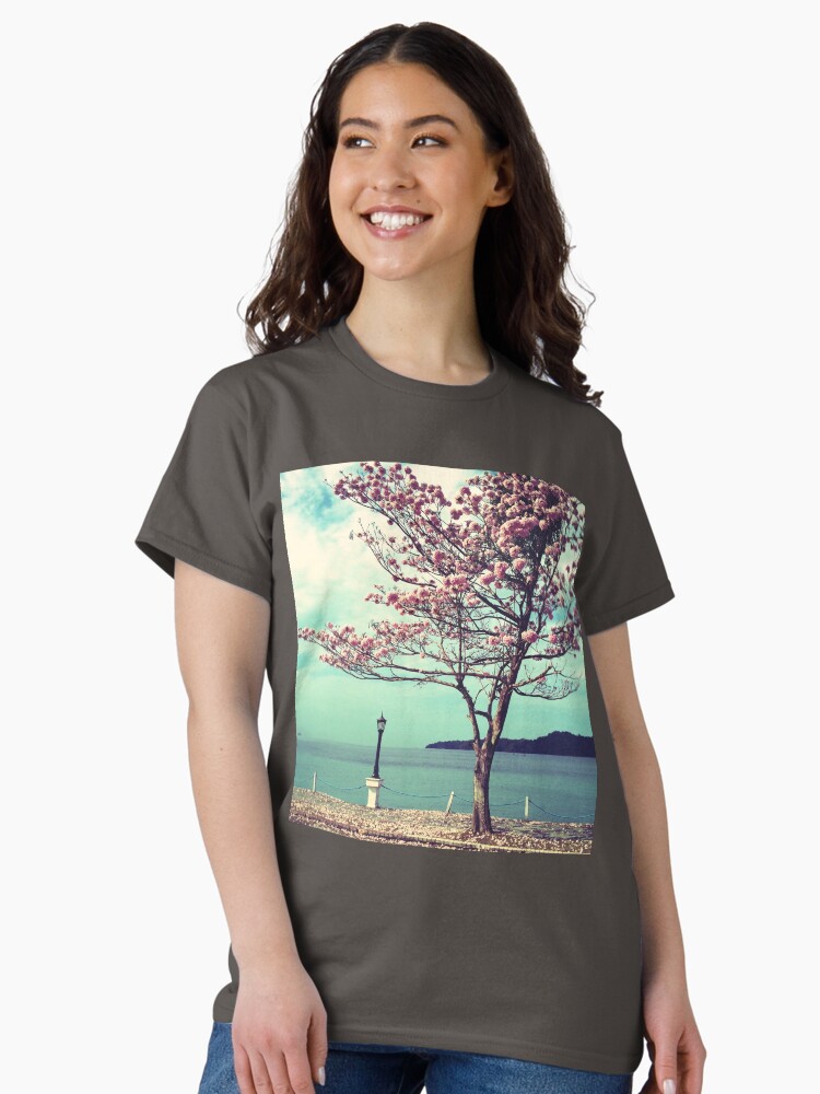 Thumbnail 1 of 7, Classic T-Shirt, Blooms by the Sea - Panama Landscape - Pink Guayacan Tree designed and sold by OneDayArt.