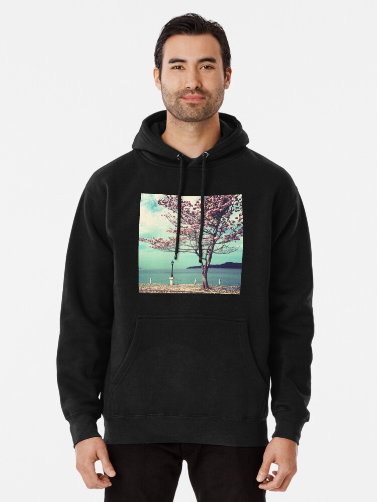 Alternate view of Blooms by the Sea - Panama Landscape - Pink Guayacan Tree Pullover Hoodie