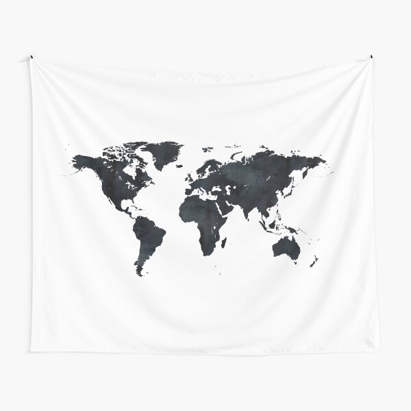 World Map in Black and White Ink on Paper Globe Map Tapestry Tapestry