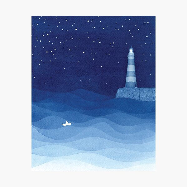 Lighthouse 2, blue ocean watercolor Photographic Print