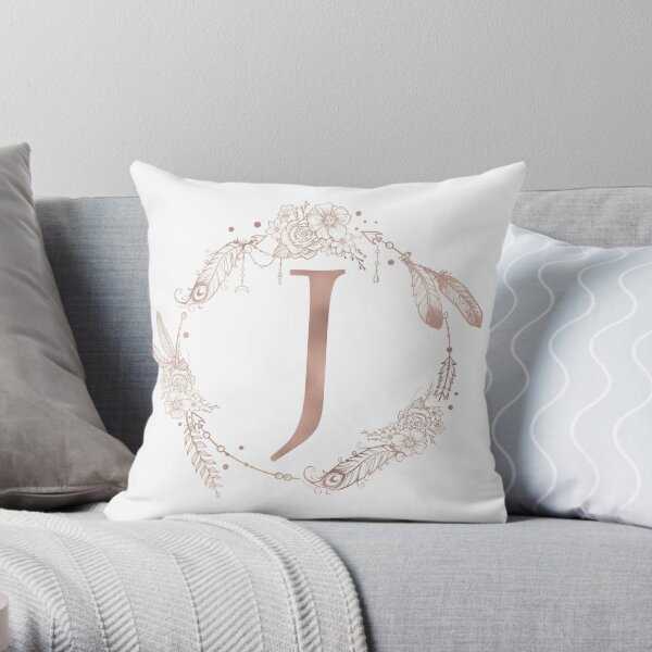 Letter J Rose Gold Pink Initial Monogram Throw Pillow