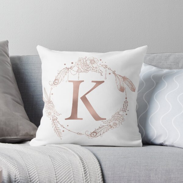 Letter K Rose Gold Pink Initial Monogram Throw Pillow