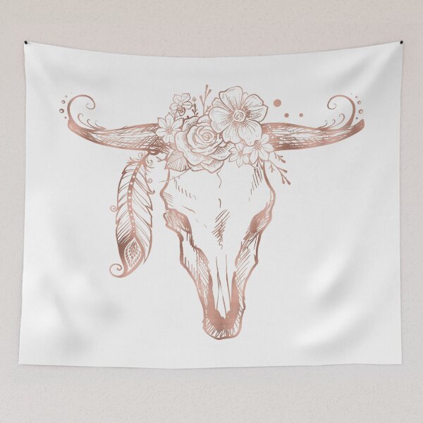 Item preview, Rose Gold Bull Skull with Pink Feather Flowers designed and sold by naturemagick.