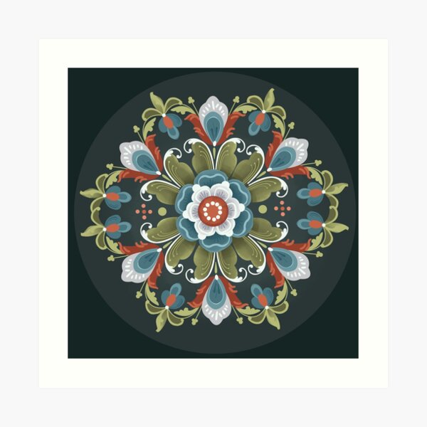 Norwegian Rosemåling on Black Art Print
