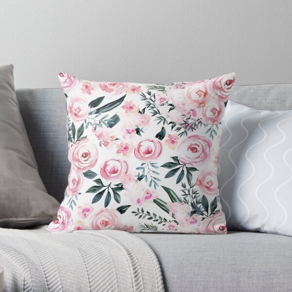 Beautiful Trendy Pink Watercolor Flowers on White Throw Pillow