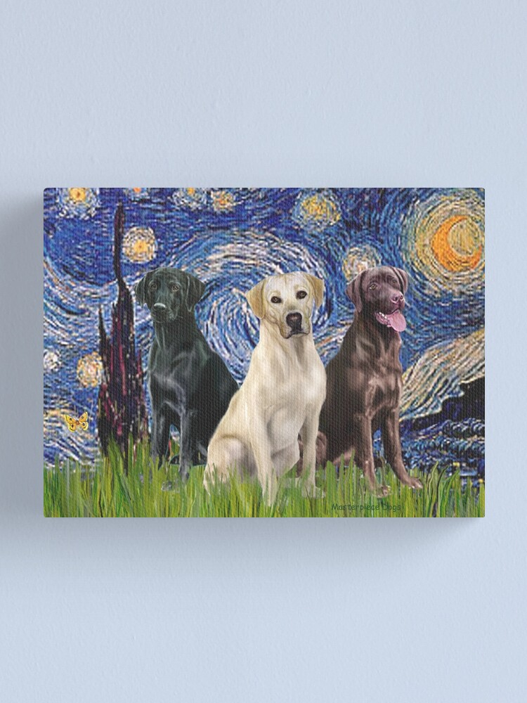 Alternate view of Starry Night - Three Labrador Retrievers (Black, Chocolate, Yellow) Canvas Print