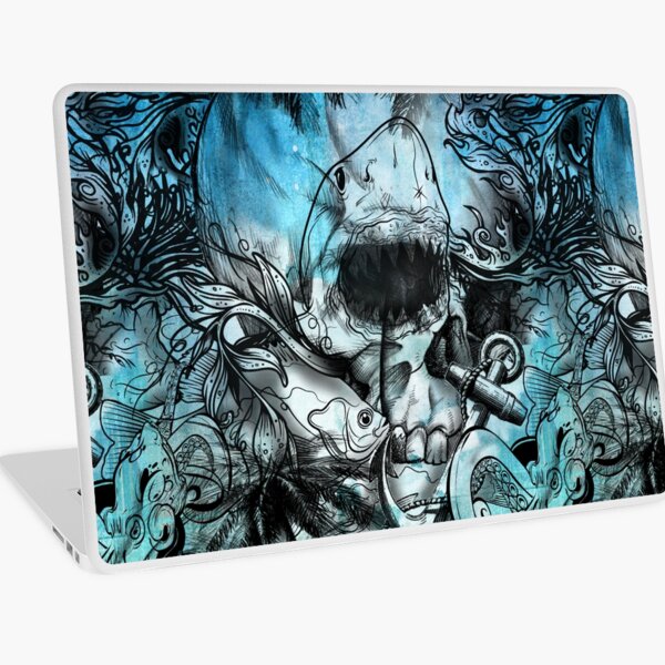 Deep Ocean Reef Shark Skull Watercolor Seamless Pattern Laptop Skin
