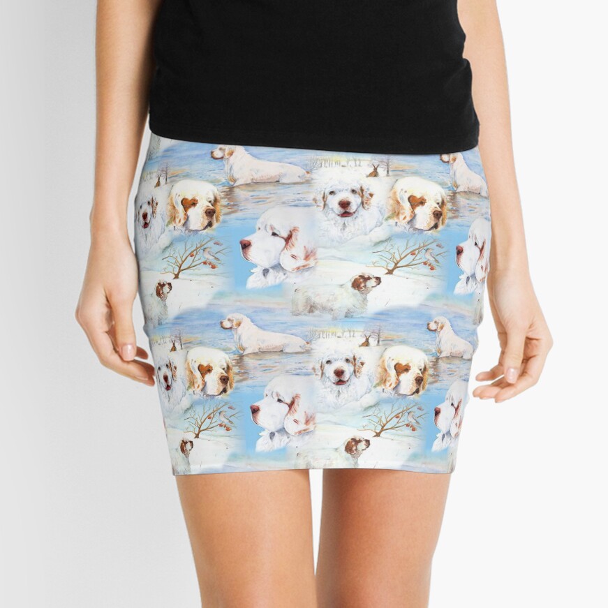 Clumber Spaniels by Jan Irving blue Mini Skirt