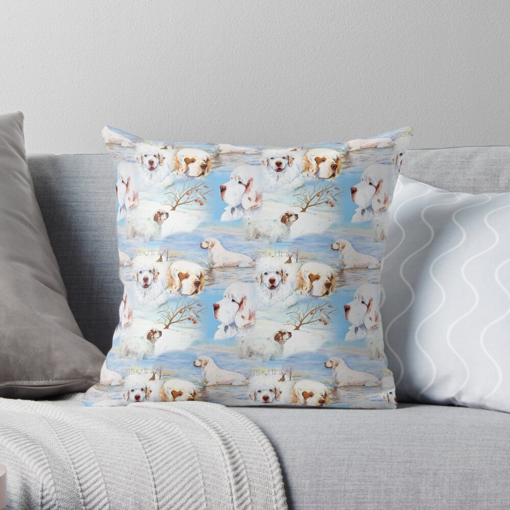 Clumber Spaniels by Jan Irving blue Throw Pillow