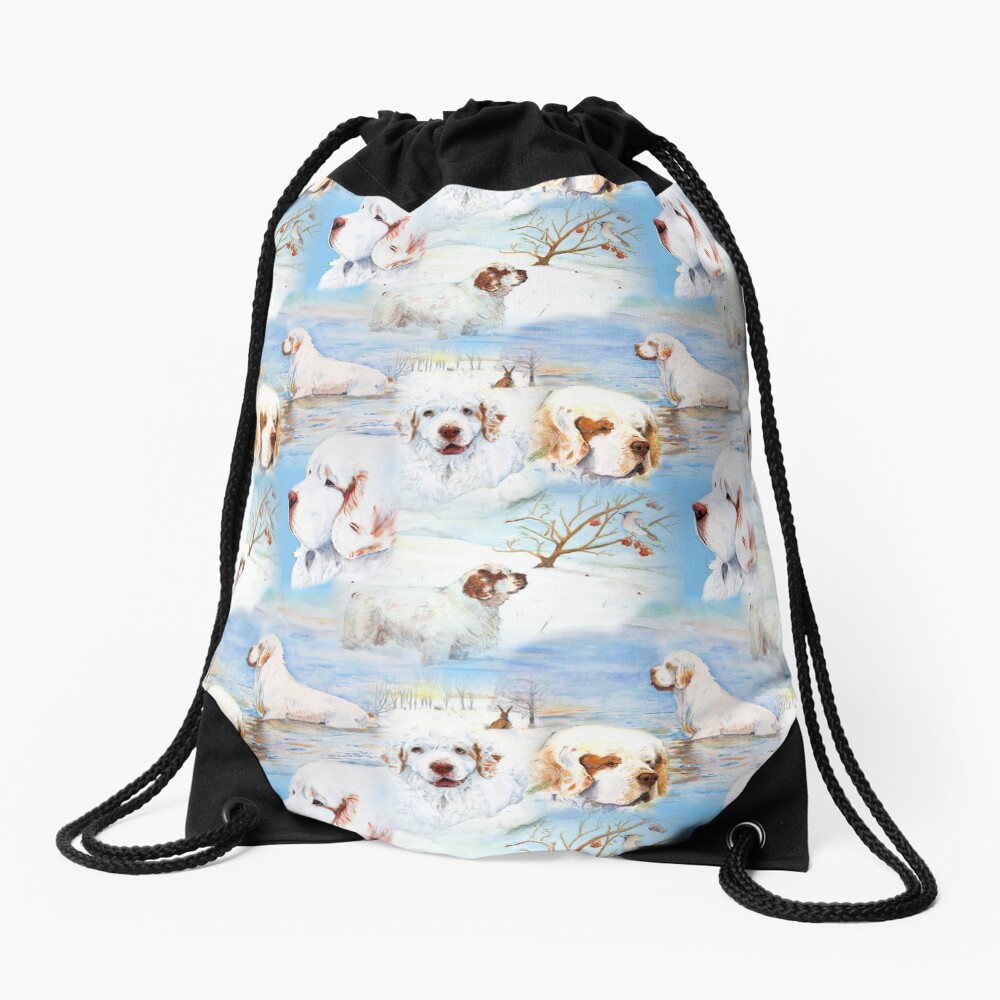 Clumber Spaniels by Jan Irving blue Drawstring Bag