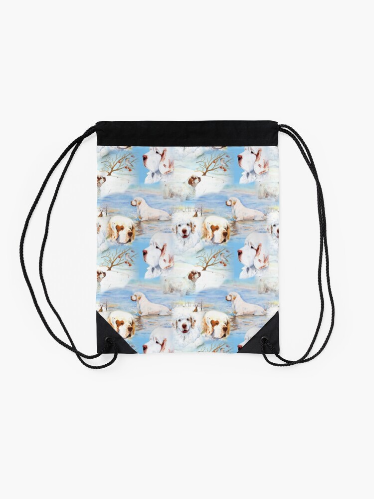 Alternate view of Clumber Spaniels by Jan Irving blue Drawstring Bag