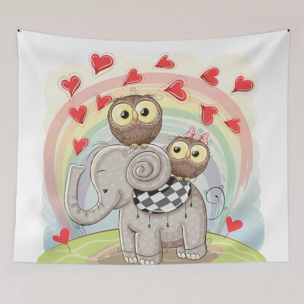 Item preview, CUTE BABY ELEPHANT AND OWL WITH LOVE, RAINBOW, FUNNY BIRDS designed and sold by ReignGFX.