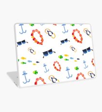 Watercolor sea summer. Flip flop sandals, sunglasses, fish Laptop Skin