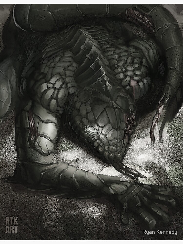 Generate an eerie and intense artwork depicting scp-682, a large  reptile-like creature with regenerative abilities and a profound hatred for  all life. the creature should be portrayed within its containment chamber, a