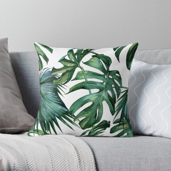 Classic Green Tropical Monstera Jungle Palm Leaf Print Throw Pillow