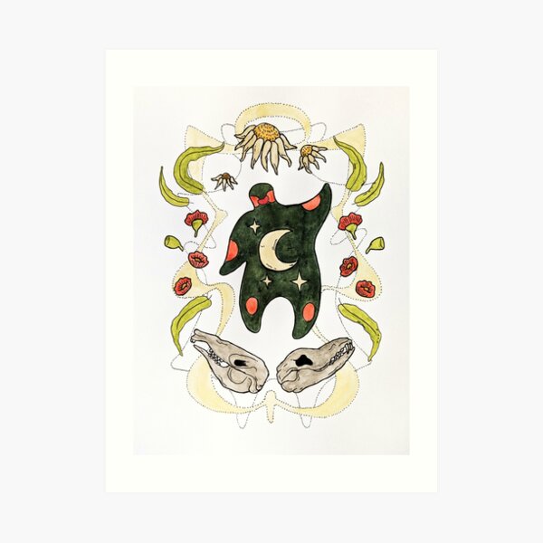 Gum leaves and blossoms with thylacine and rock wallaby skulls. Art Print