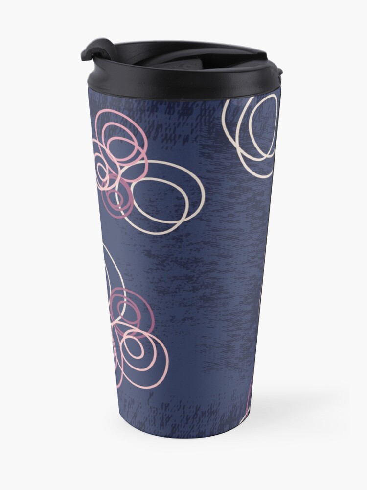 Alternate view of Pastel abstract circle flowers on dark jeans blue with texture Travel Coffee Mug