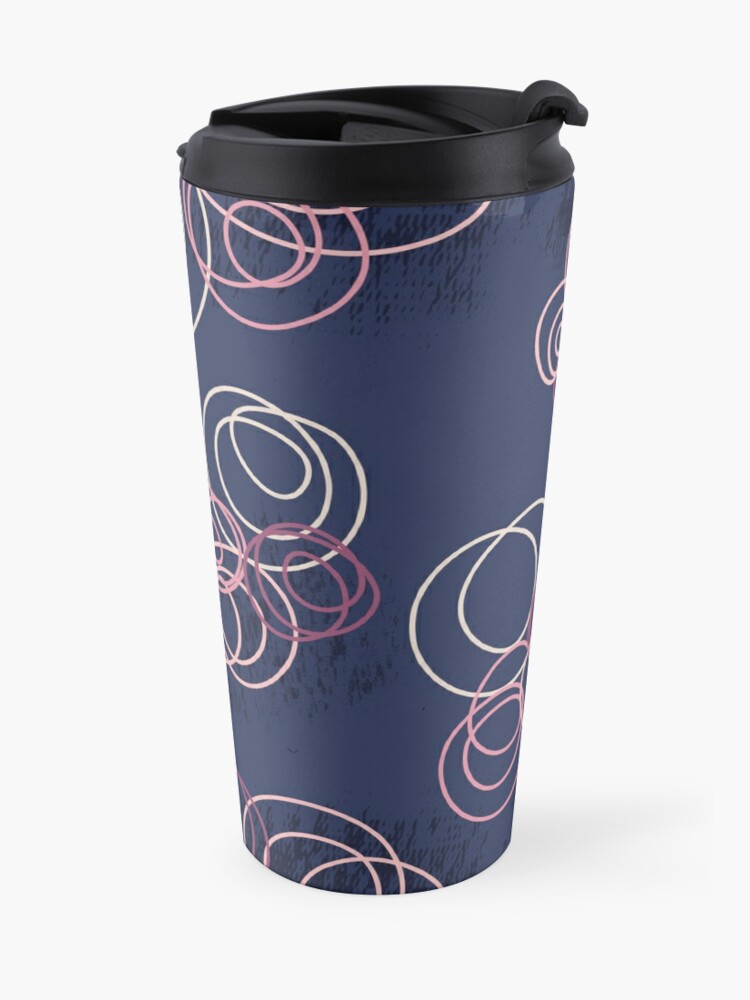 Alternate view of Pastel abstract circle flowers on dark jeans blue with texture Travel Coffee Mug