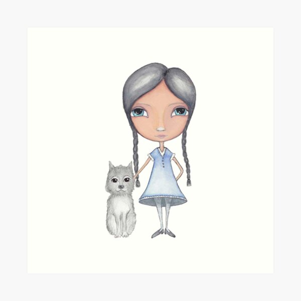 Girl and Grey Dog Watercolor Art Print