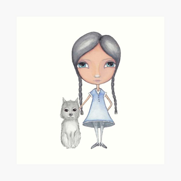 Girl and Grey Dog Watercolor Art Print